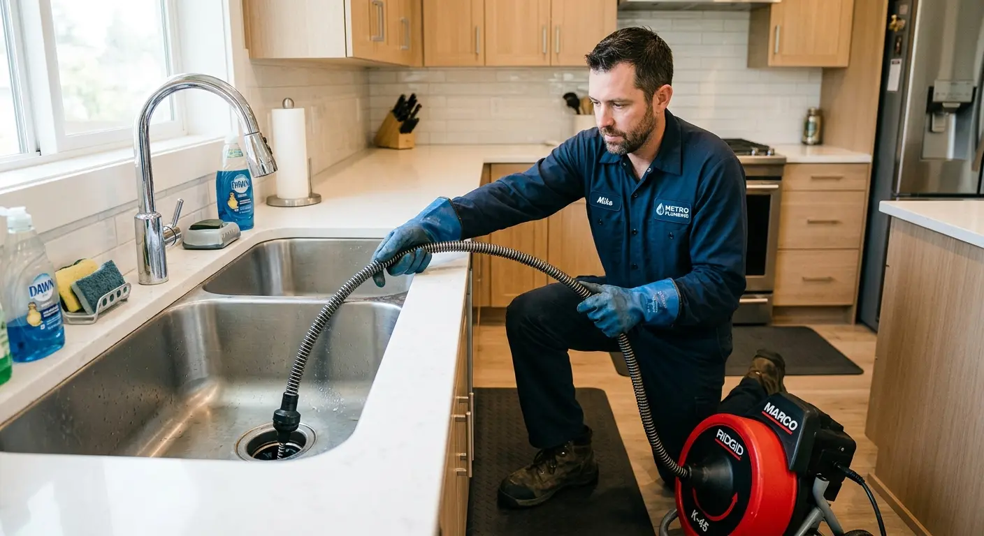 Drain cleaning technician using a motorized snake on a kitchen sink in Watervliet