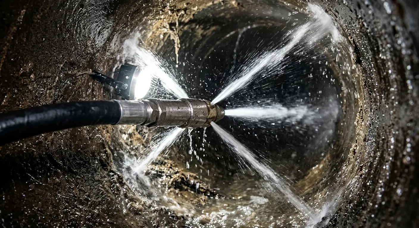High-pressure hydro jetting nozzle cleaning sewer pipe for Emergency Drain Service in Watervliet