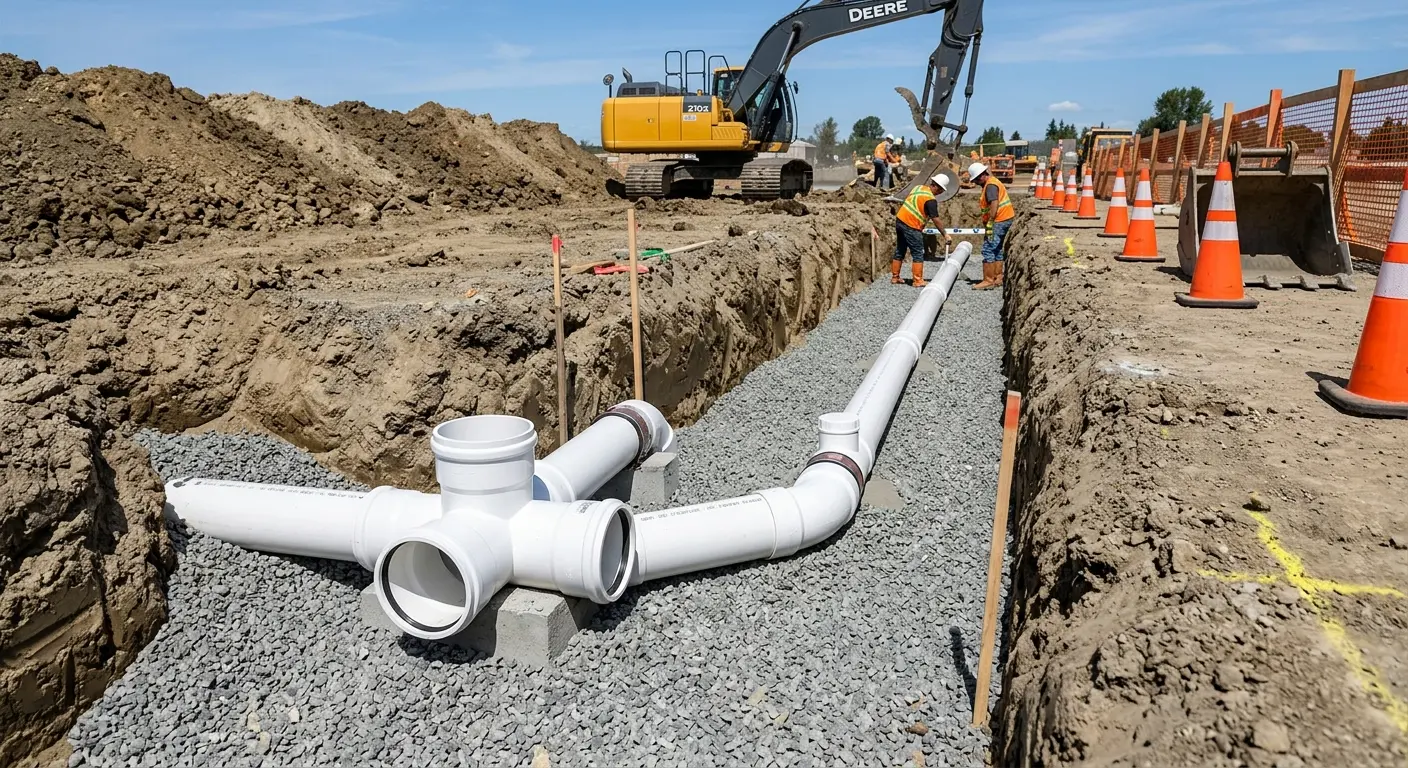 New PVC sewer pipe installation in open trench for Commercial Drain Cleaning in Watervliet