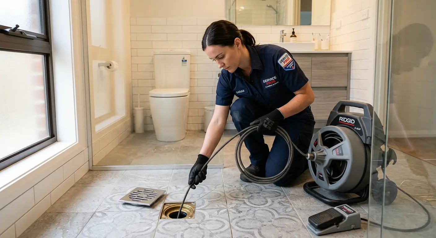 Technician clearing a bathroom floor drain for Hydro Jetting in Watervliet